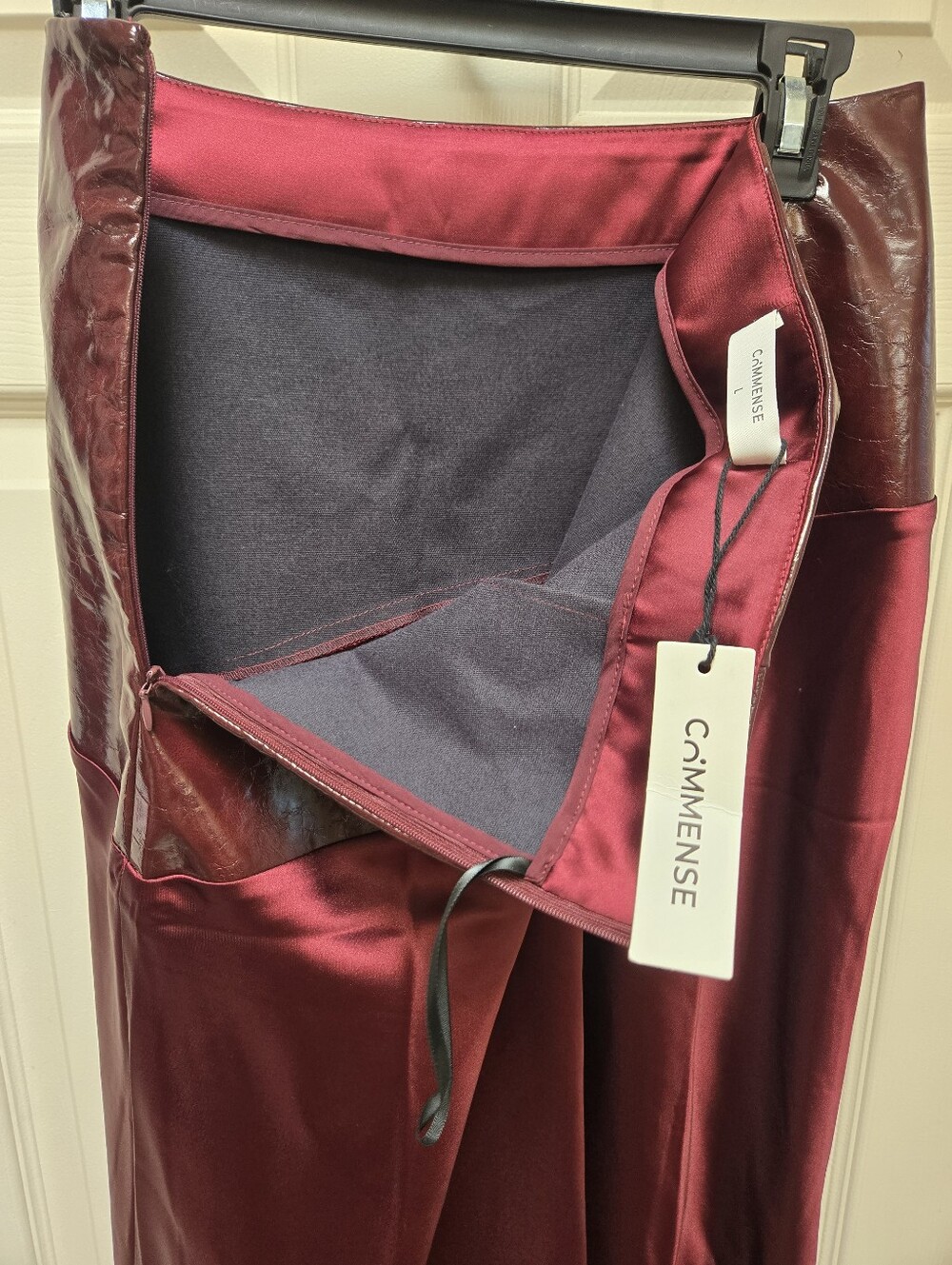 NWT Commense Faux Leather Panel Asymmetric Satin Maxi Skirt, Large - Picture 5 of 7